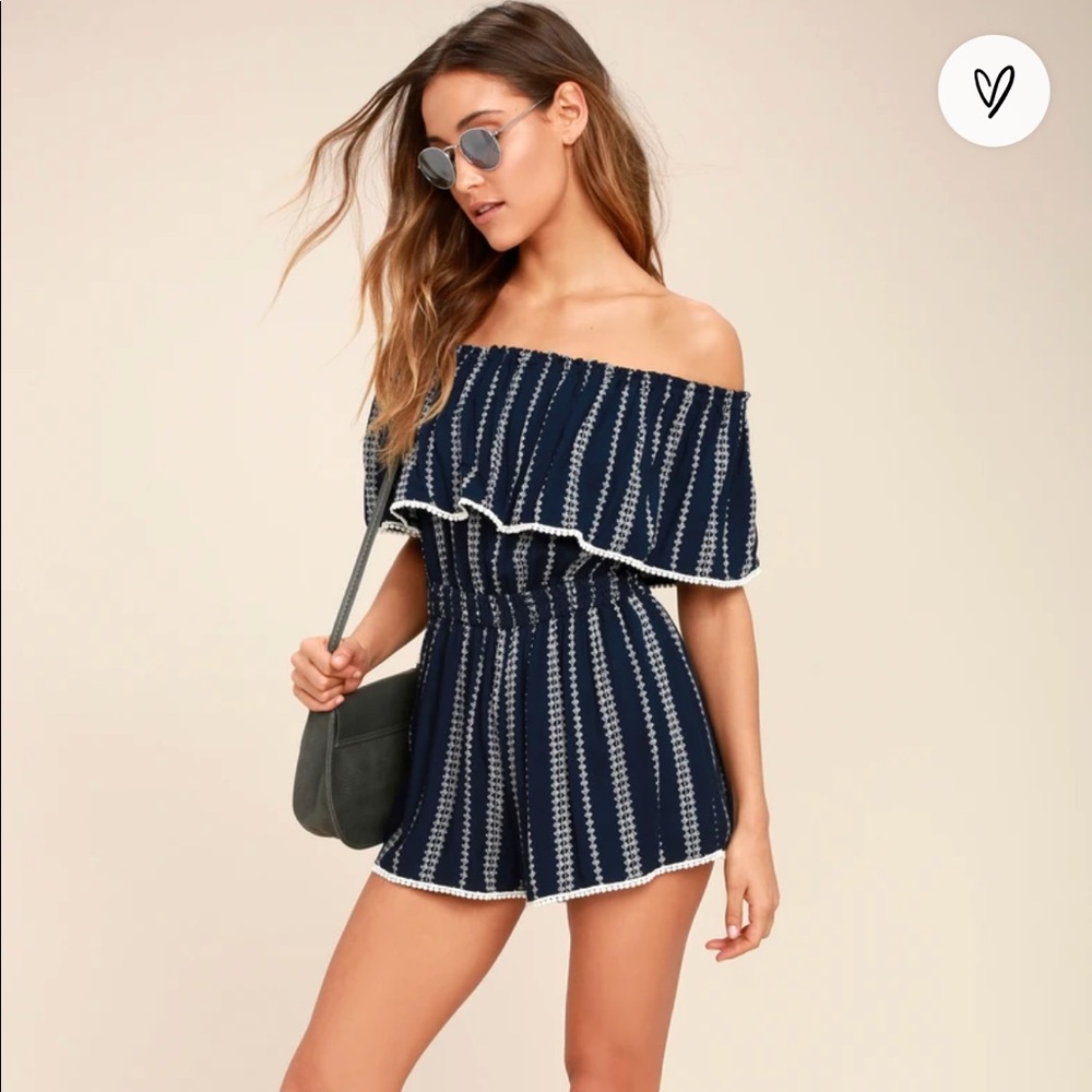 See Ya There Navy Blue Print Off-the-Shoulder Romper